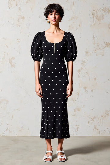 Black Sheath Puff Sleeves Boho Maxi Polka Dot Dress